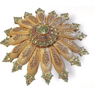 JOAN RIVERS RUNWAY BROOCH BEIGE ENAMEL  GREEN SWAROVSKI RHINESTONES Pin Massive